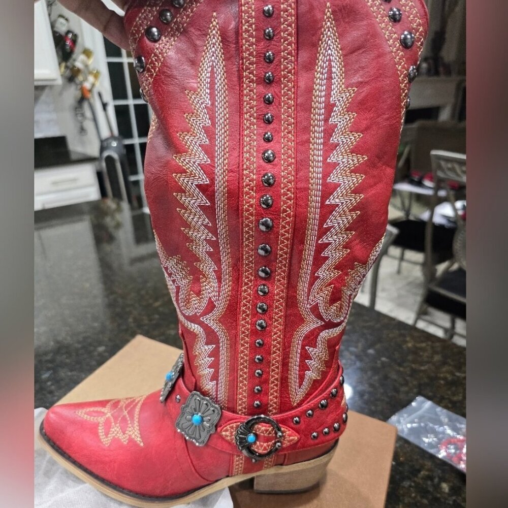 Women's Red Knee High Western Cowgirl Boots with Embroidery Belt Buckle Chain